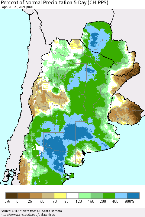 Southern South America Percent of Normal Precipitation 5-Day (CHIRPS) Thematic Map For 4/21/2021 - 4/25/2021