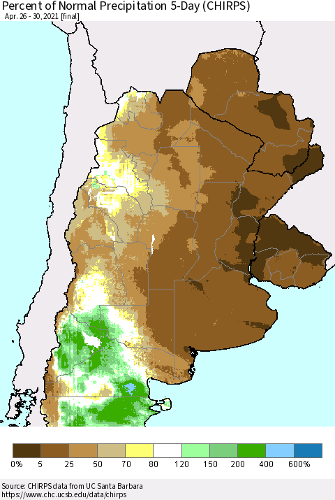 Southern South America Percent of Normal Precipitation 5-Day (CHIRPS) Thematic Map For 4/26/2021 - 4/30/2021
