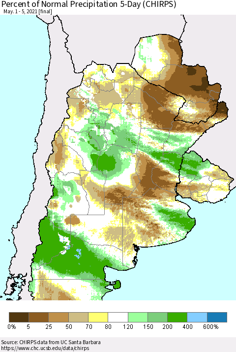 Southern South America Percent of Normal Precipitation 5-Day (CHIRPS) Thematic Map For 5/1/2021 - 5/5/2021