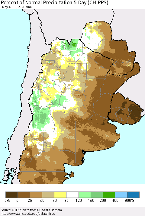 Southern South America Percent of Normal Precipitation 5-Day (CHIRPS) Thematic Map For 5/6/2021 - 5/10/2021