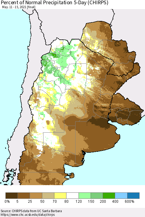Southern South America Percent of Normal Precipitation 5-Day (CHIRPS) Thematic Map For 5/11/2021 - 5/15/2021