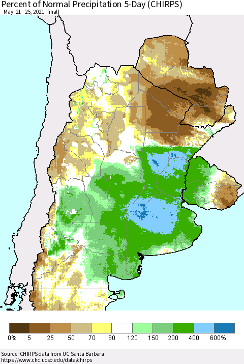 Southern South America Percent of Normal Precipitation 5-Day (CHIRPS) Thematic Map For 5/21/2021 - 5/25/2021