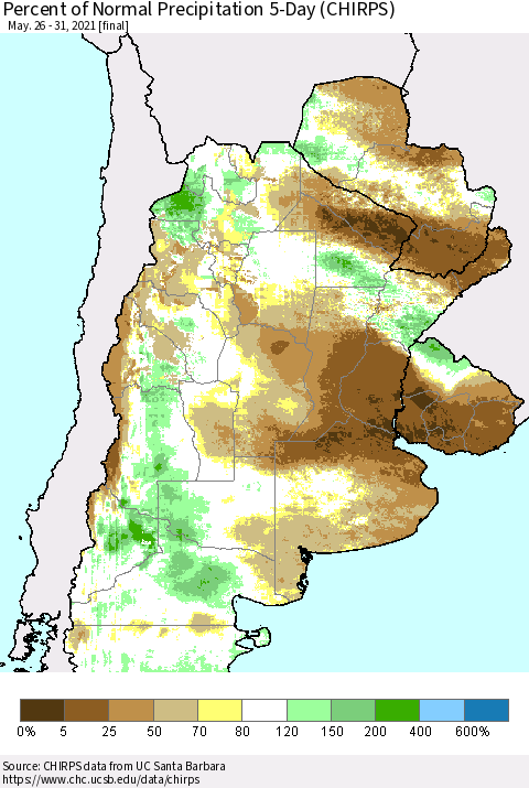 Southern South America Percent of Normal Precipitation 5-Day (CHIRPS) Thematic Map For 5/26/2021 - 5/31/2021