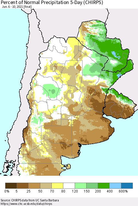 Southern South America Percent of Normal Precipitation 5-Day (CHIRPS) Thematic Map For 6/6/2021 - 6/10/2021