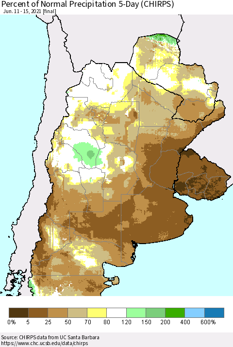 Southern South America Percent of Normal Precipitation 5-Day (CHIRPS) Thematic Map For 6/11/2021 - 6/15/2021