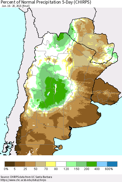 Southern South America Percent of Normal Precipitation 5-Day (CHIRPS) Thematic Map For 6/16/2021 - 6/20/2021