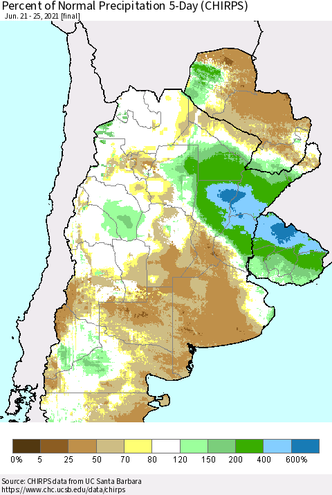 Southern South America Percent of Normal Precipitation 5-Day (CHIRPS) Thematic Map For 6/21/2021 - 6/25/2021