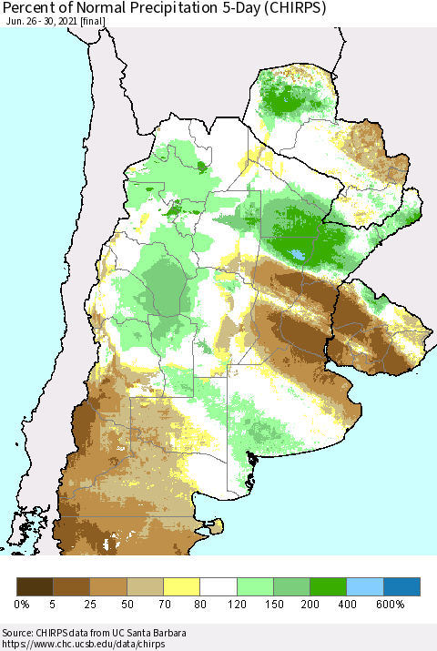 Southern South America Percent of Normal Precipitation 5-Day (CHIRPS) Thematic Map For 6/26/2021 - 6/30/2021