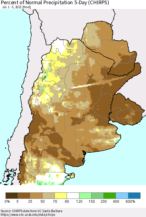 Southern South America Percent of Normal Precipitation 5-Day (CHIRPS) Thematic Map For 7/1/2021 - 7/5/2021