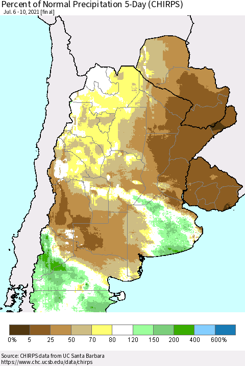 Southern South America Percent of Normal Precipitation 5-Day (CHIRPS) Thematic Map For 7/6/2021 - 7/10/2021