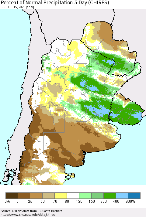 Southern South America Percent of Normal Precipitation 5-Day (CHIRPS) Thematic Map For 7/11/2021 - 7/15/2021