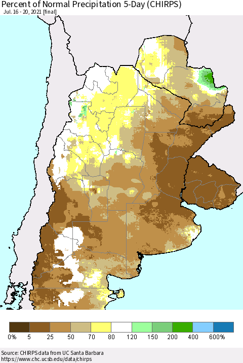 Southern South America Percent of Normal Precipitation 5-Day (CHIRPS) Thematic Map For 7/16/2021 - 7/20/2021