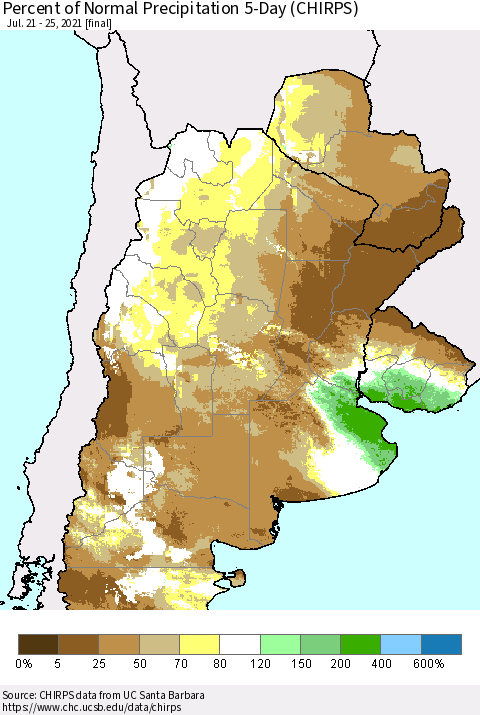 Southern South America Percent of Normal Precipitation 5-Day (CHIRPS) Thematic Map For 7/21/2021 - 7/25/2021