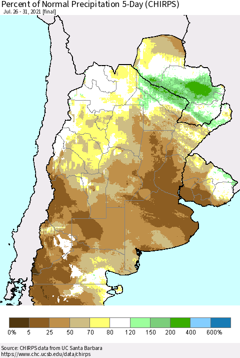 Southern South America Percent of Normal Precipitation 5-Day (CHIRPS) Thematic Map For 7/26/2021 - 7/31/2021