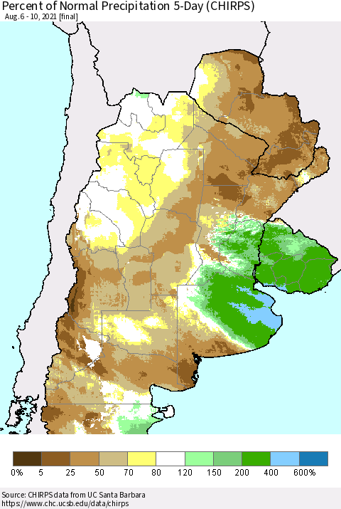 Southern South America Percent of Normal Precipitation 5-Day (CHIRPS) Thematic Map For 8/6/2021 - 8/10/2021
