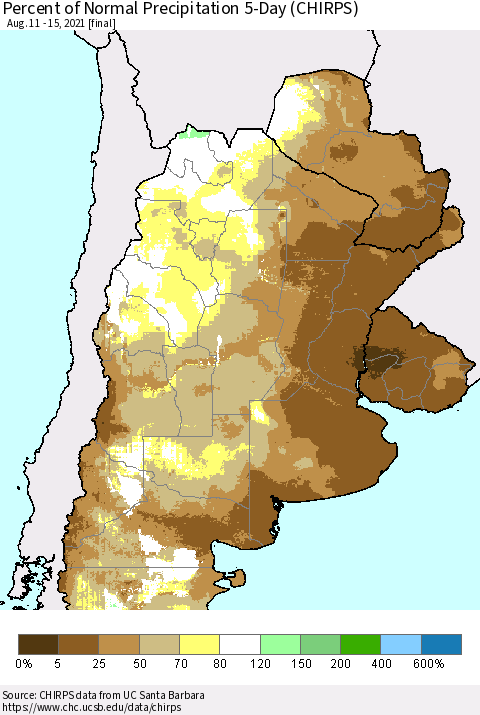 Southern South America Percent of Normal Precipitation 5-Day (CHIRPS) Thematic Map For 8/11/2021 - 8/15/2021