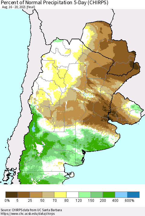 Southern South America Percent of Normal Precipitation 5-Day (CHIRPS) Thematic Map For 8/16/2021 - 8/20/2021