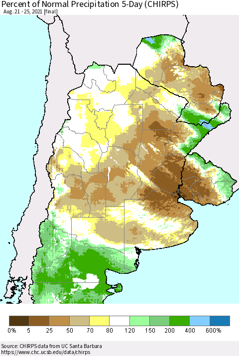 Southern South America Percent of Normal Precipitation 5-Day (CHIRPS) Thematic Map For 8/21/2021 - 8/25/2021