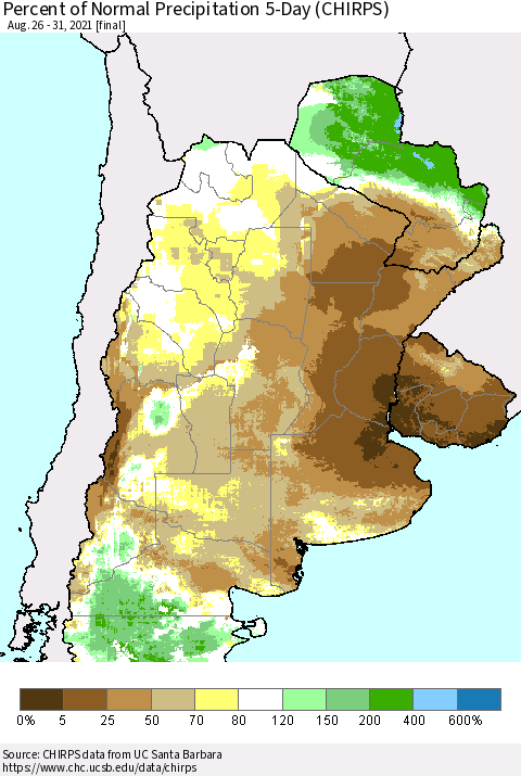 Southern South America Percent of Normal Precipitation 5-Day (CHIRPS) Thematic Map For 8/26/2021 - 8/31/2021