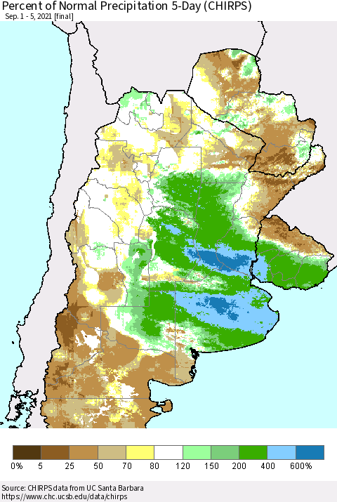 Southern South America Percent of Normal Precipitation 5-Day (CHIRPS) Thematic Map For 9/1/2021 - 9/5/2021