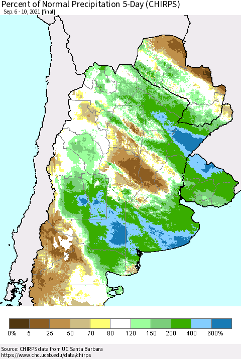 Southern South America Percent of Normal Precipitation 5-Day (CHIRPS) Thematic Map For 9/6/2021 - 9/10/2021