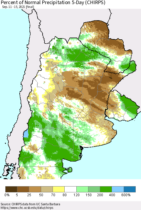 Southern South America Percent of Normal Precipitation 5-Day (CHIRPS) Thematic Map For 9/11/2021 - 9/15/2021