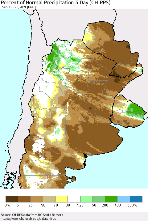 Southern South America Percent of Normal Precipitation 5-Day (CHIRPS) Thematic Map For 9/16/2021 - 9/20/2021