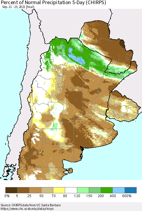 Southern South America Percent of Normal Precipitation 5-Day (CHIRPS) Thematic Map For 9/21/2021 - 9/25/2021