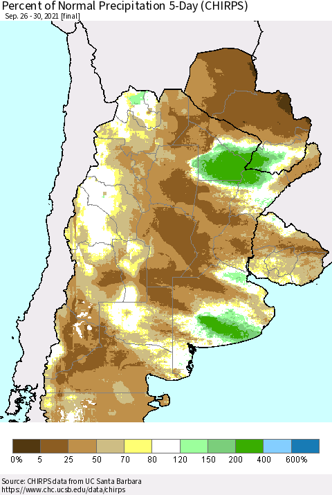 Southern South America Percent of Normal Precipitation 5-Day (CHIRPS) Thematic Map For 9/26/2021 - 9/30/2021