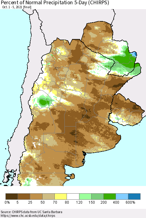 Southern South America Percent of Normal Precipitation 5-Day (CHIRPS) Thematic Map For 10/1/2021 - 10/5/2021