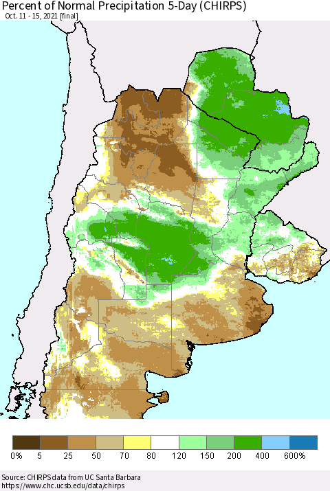Southern South America Percent of Normal Precipitation 5-Day (CHIRPS) Thematic Map For 10/11/2021 - 10/15/2021