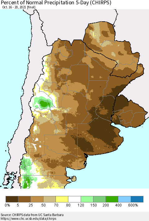 Southern South America Percent of Normal Precipitation 5-Day (CHIRPS) Thematic Map For 10/16/2021 - 10/20/2021
