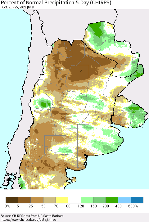 Southern South America Percent of Normal Precipitation 5-Day (CHIRPS) Thematic Map For 10/21/2021 - 10/25/2021
