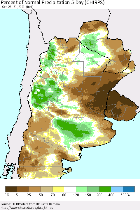 Southern South America Percent of Normal Precipitation 5-Day (CHIRPS) Thematic Map For 10/26/2021 - 10/31/2021