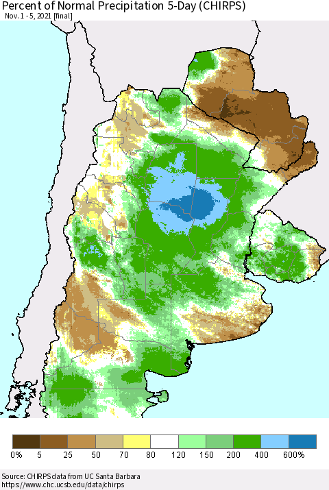 Southern South America Percent of Normal Precipitation 5-Day (CHIRPS) Thematic Map For 11/1/2021 - 11/5/2021