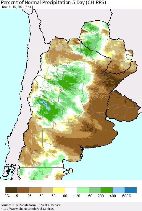 Southern South America Percent of Normal Precipitation 5-Day (CHIRPS) Thematic Map For 11/6/2021 - 11/10/2021