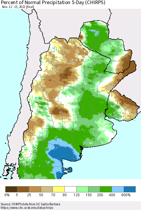 Southern South America Percent of Normal Precipitation 5-Day (CHIRPS) Thematic Map For 11/11/2021 - 11/15/2021