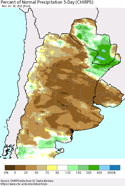 Southern South America Percent of Normal Precipitation 5-Day (CHIRPS) Thematic Map For 11/16/2021 - 11/20/2021