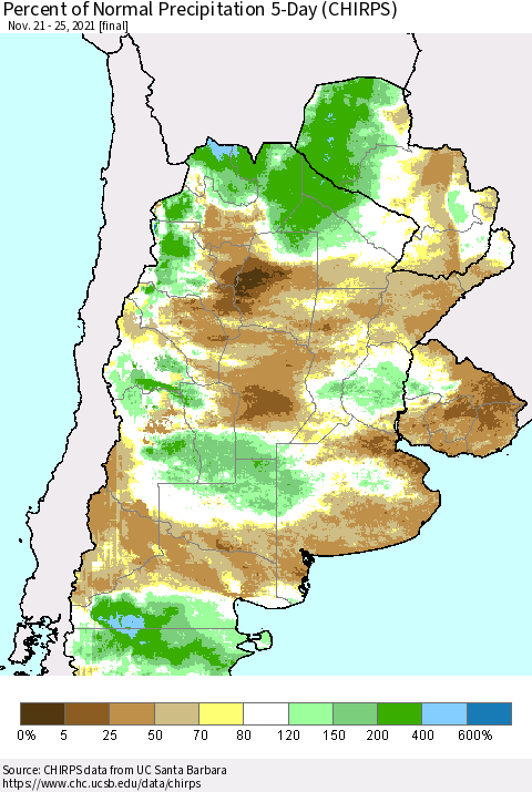 Southern South America Percent of Normal Precipitation 5-Day (CHIRPS) Thematic Map For 11/21/2021 - 11/25/2021