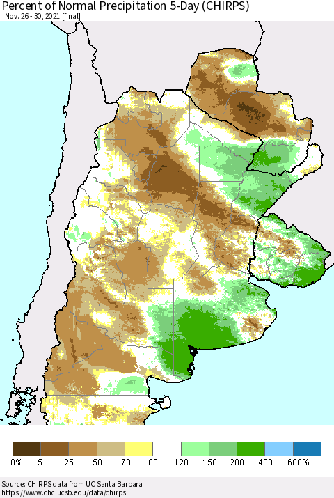 Southern South America Percent of Normal Precipitation 5-Day (CHIRPS) Thematic Map For 11/26/2021 - 11/30/2021