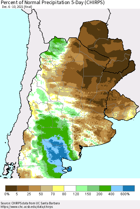 Southern South America Percent of Normal Precipitation 5-Day (CHIRPS) Thematic Map For 12/6/2021 - 12/10/2021