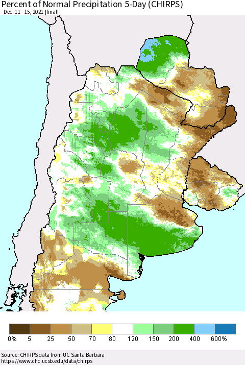 Southern South America Percent of Normal Precipitation 5-Day (CHIRPS) Thematic Map For 12/11/2021 - 12/15/2021