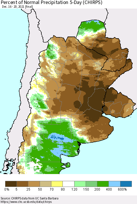 Southern South America Percent of Normal Precipitation 5-Day (CHIRPS) Thematic Map For 12/16/2021 - 12/20/2021