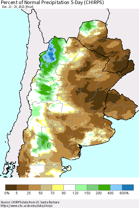 Southern South America Percent of Normal Precipitation 5-Day (CHIRPS) Thematic Map For 12/21/2021 - 12/25/2021
