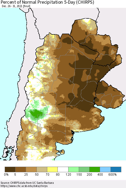 Southern South America Percent of Normal Precipitation 5-Day (CHIRPS) Thematic Map For 12/26/2021 - 12/31/2021