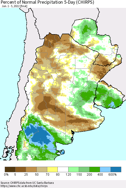 Southern South America Percent of Normal Precipitation 5-Day (CHIRPS) Thematic Map For 1/1/2022 - 1/5/2022