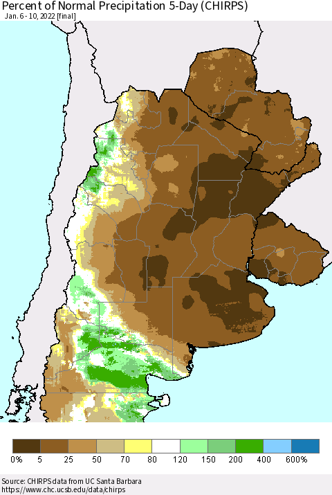 Southern South America Percent of Normal Precipitation 5-Day (CHIRPS) Thematic Map For 1/6/2022 - 1/10/2022