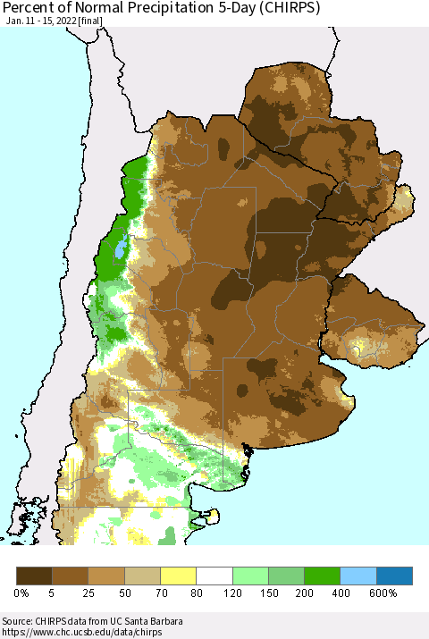 Southern South America Percent of Normal Precipitation 5-Day (CHIRPS) Thematic Map For 1/11/2022 - 1/15/2022