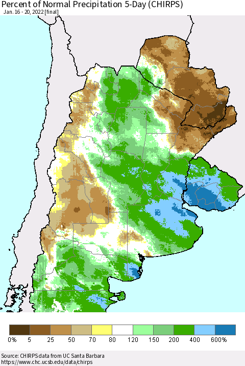 Southern South America Percent of Normal Precipitation 5-Day (CHIRPS) Thematic Map For 1/16/2022 - 1/20/2022