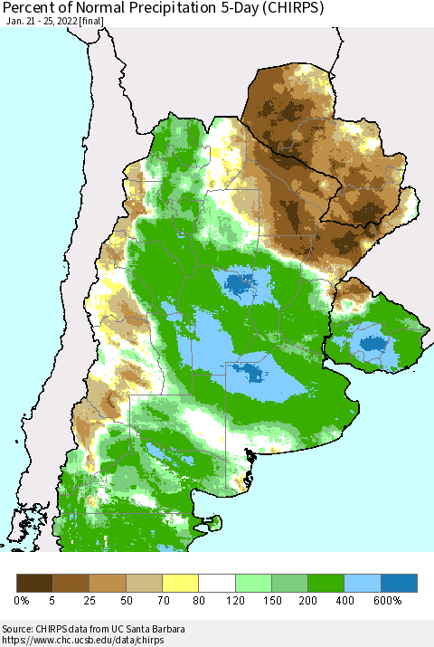 Southern South America Percent of Normal Precipitation 5-Day (CHIRPS) Thematic Map For 1/21/2022 - 1/25/2022